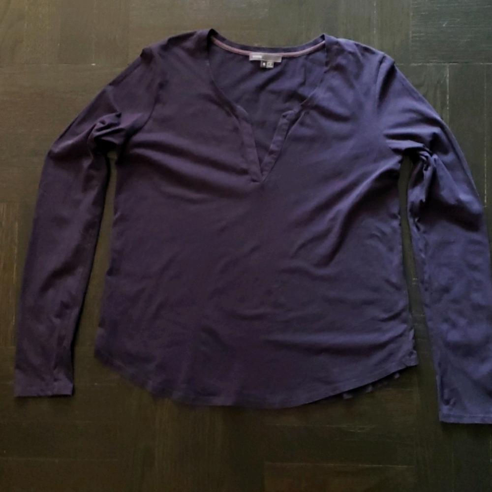 VINCE Split V Neck Long Sleeve Navy Blue M tee